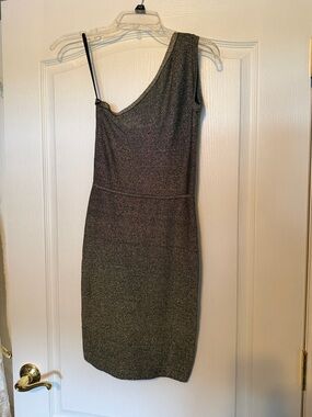 BCBGMaxAzria One-Shoulder Metallic Gray Midi Dress